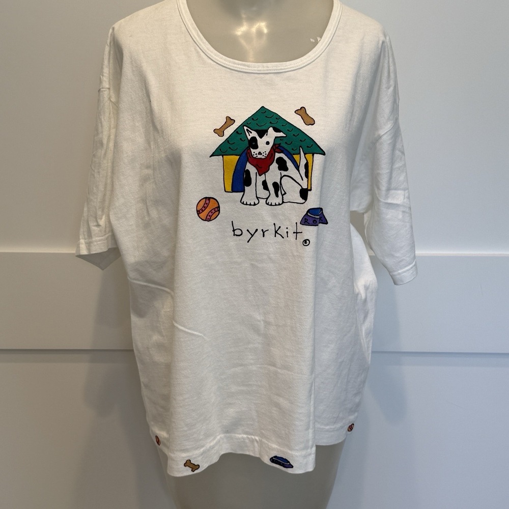 Byrkit Womens White Tshirt Whimsical Spotted Dog W/House And Toys Size Large